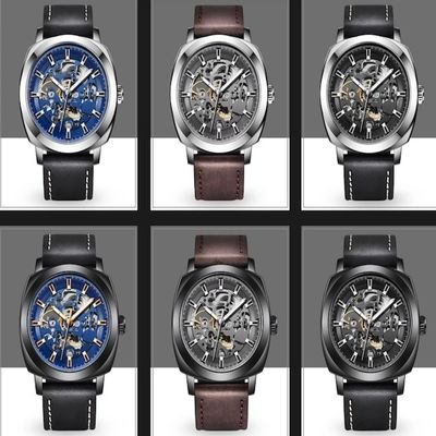 Skeleton Mechanical Waterproof Quartz Watch 45mm Dia Leather Strap Mens Watch